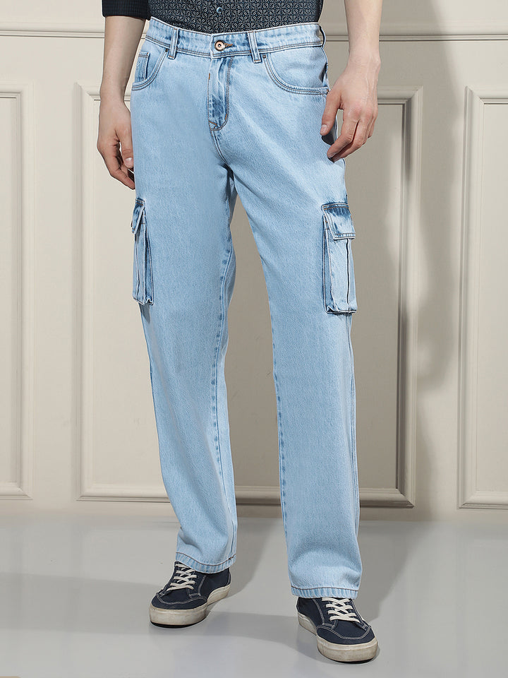 Sky Blue 100% Cotton Cargo Jeans