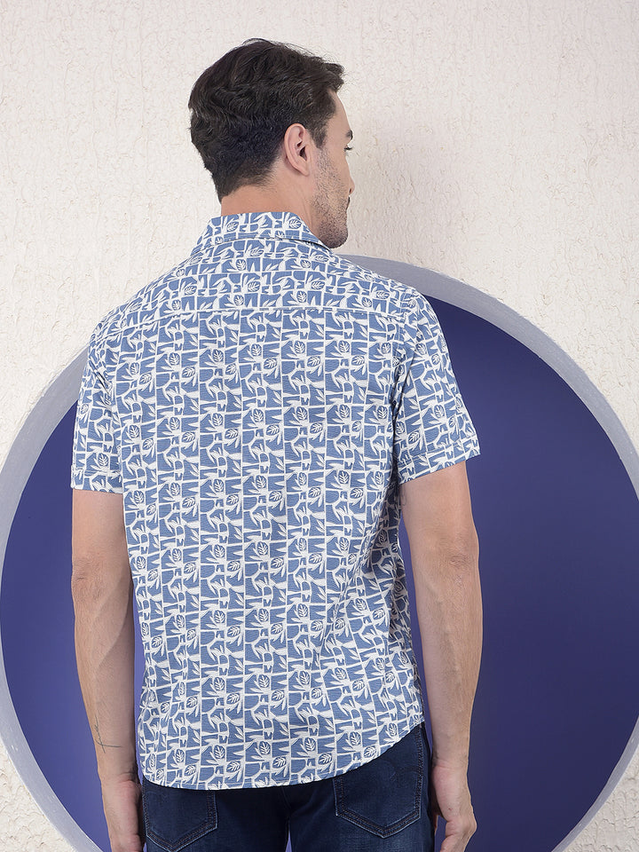 Blue Floral Printed Linen Shirt
