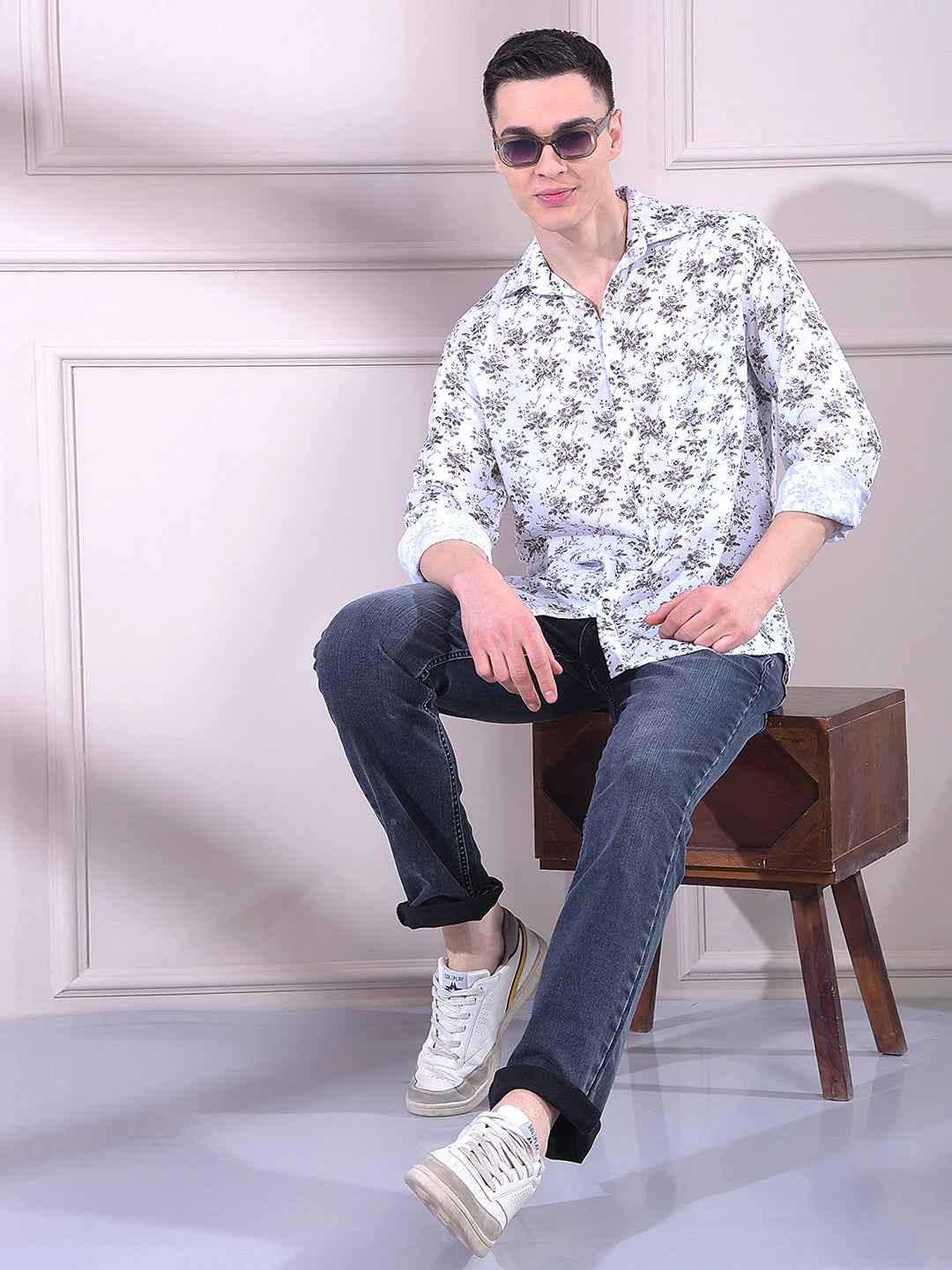 White Linen Floral Print Shirt