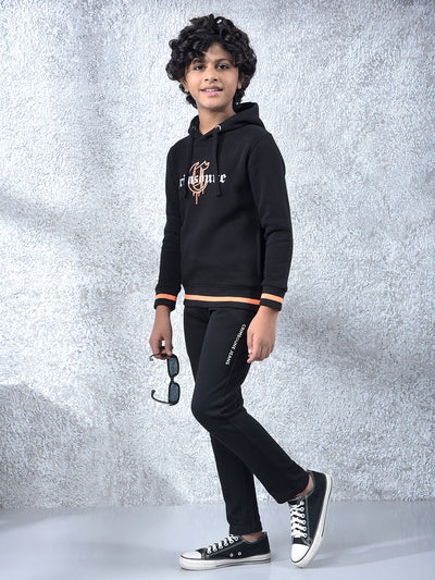 Black Typographic Print Hooded Neck Sweatshirt