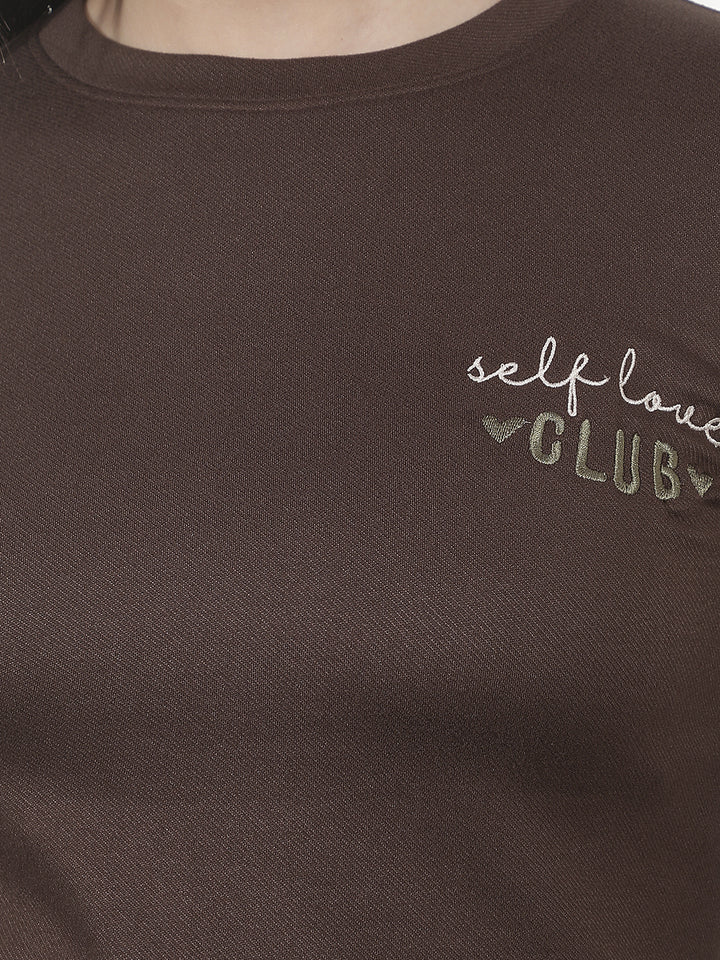 Brown Typographic Print Long Sleeves T-Shirt