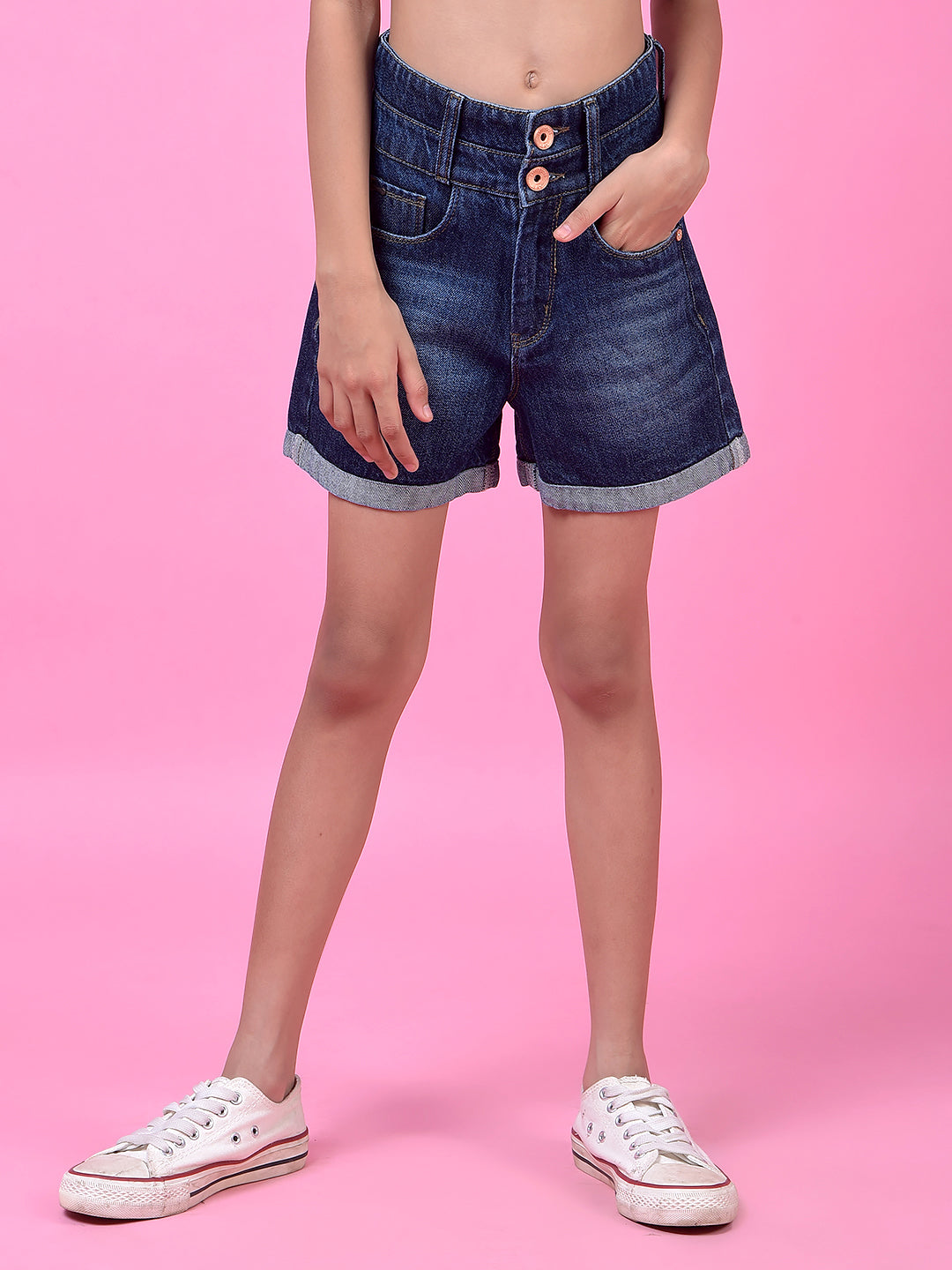 Blue 100% Cotton High-Waist Hot Pants