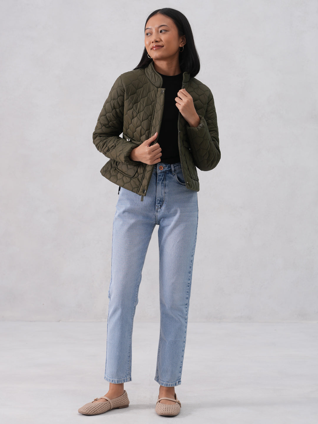 Green Quilted High-Neck Jacket