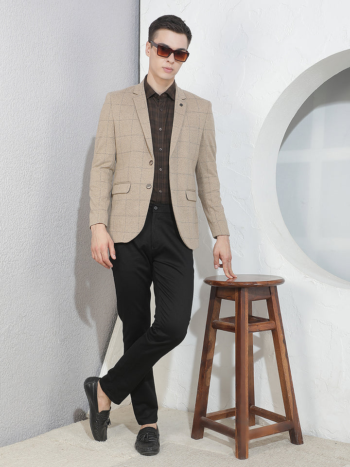 Beige Checked Notched Lapel Blazer