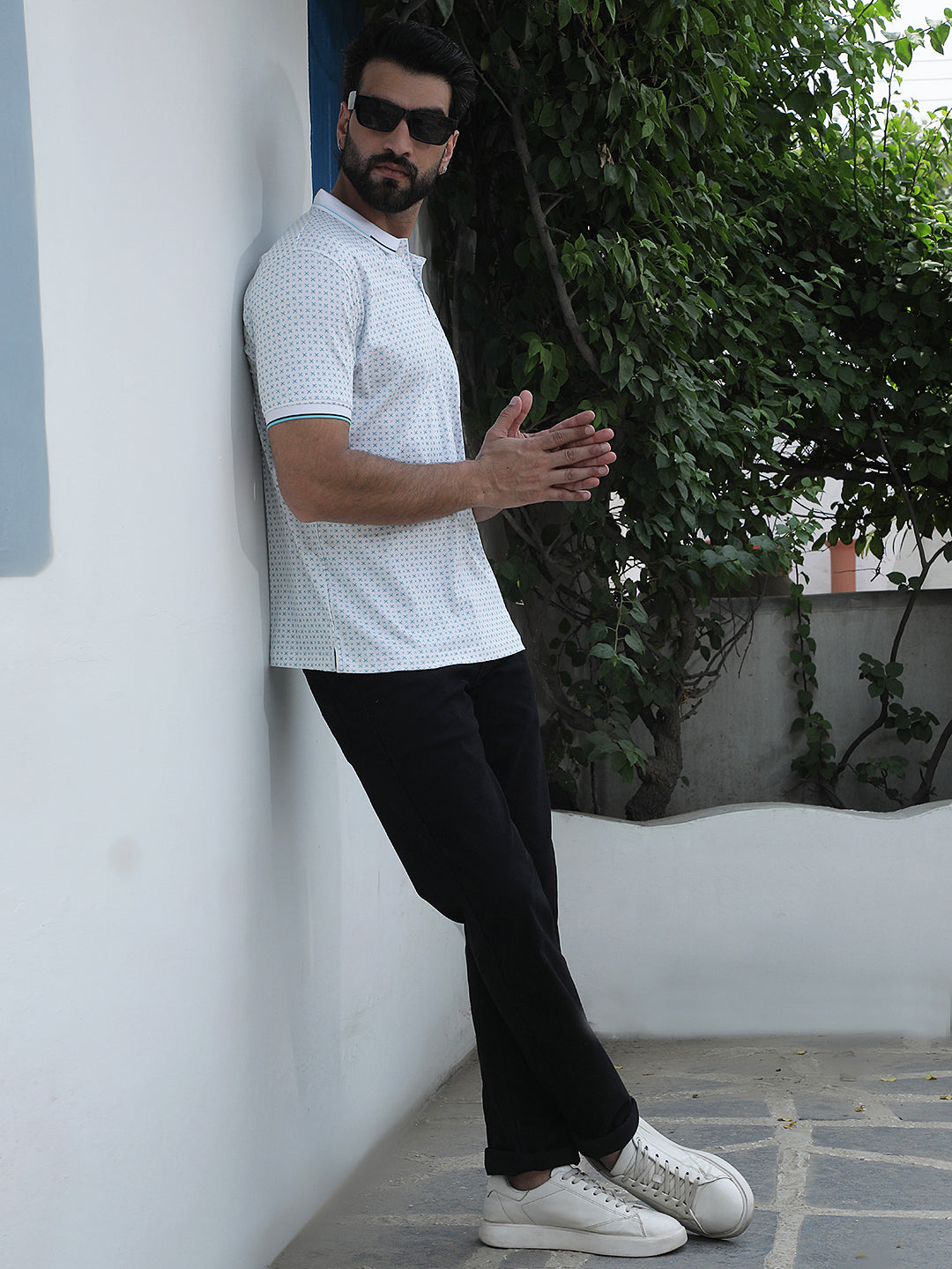 Blue Printed Polo Neck 100% Cotton T-Shirt