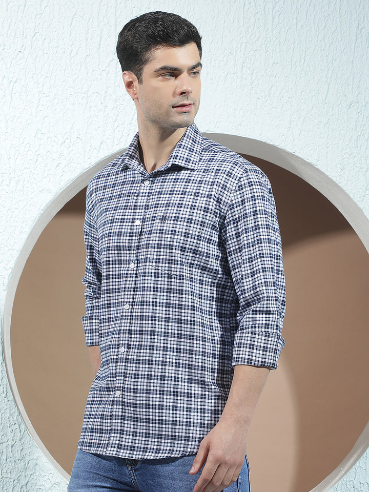 Navy Blue 100% Cotton Checked Shirt