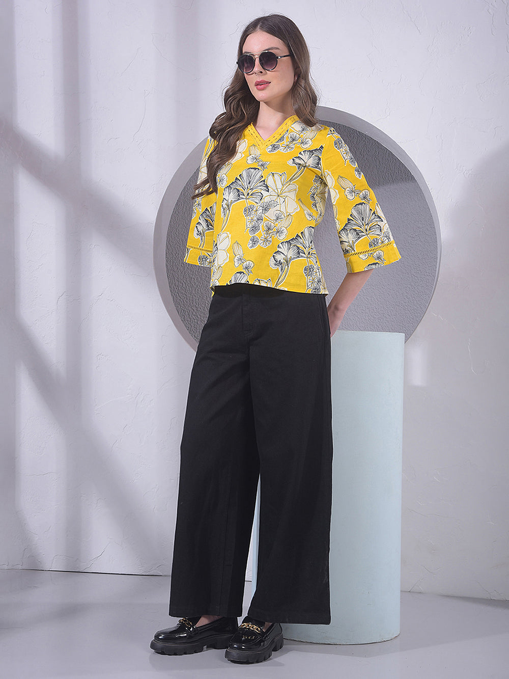 Mustard Floral Print V-Neck Top