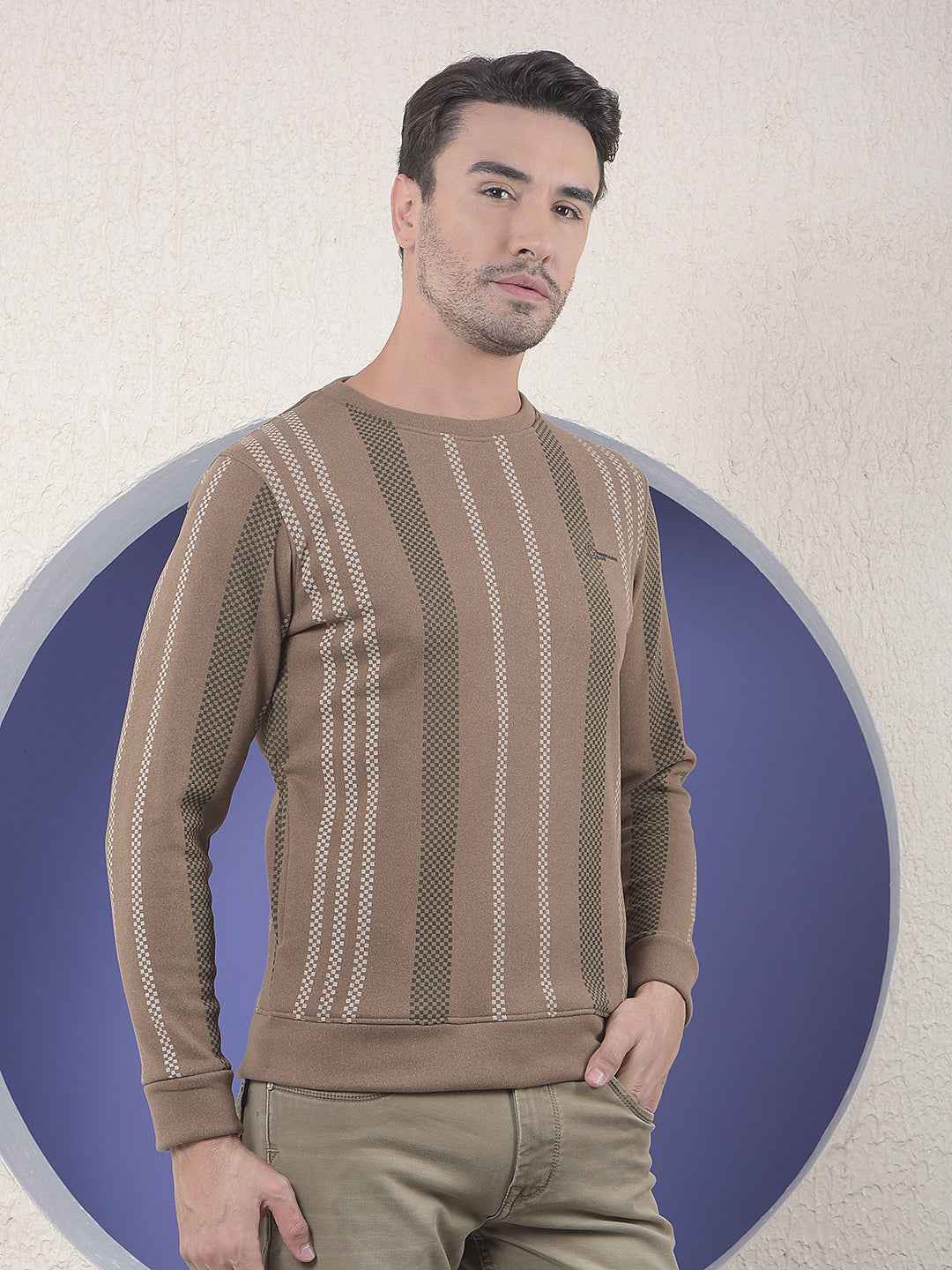 Brown Vertical Striped Round Neck Sweatshirt