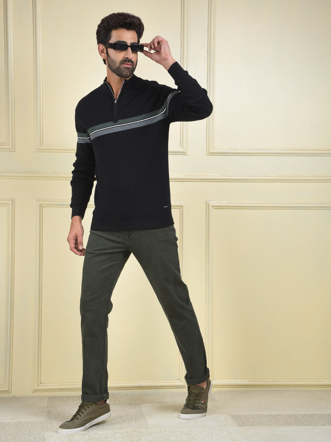 Black Horizontal Stripes High Neck 100% Cotton Sweater