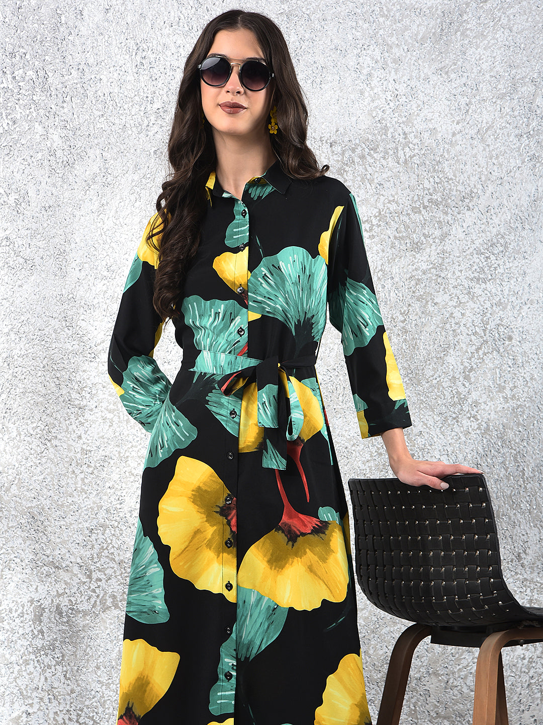 Black Floral Print Midi Shirt-Dress With Belt