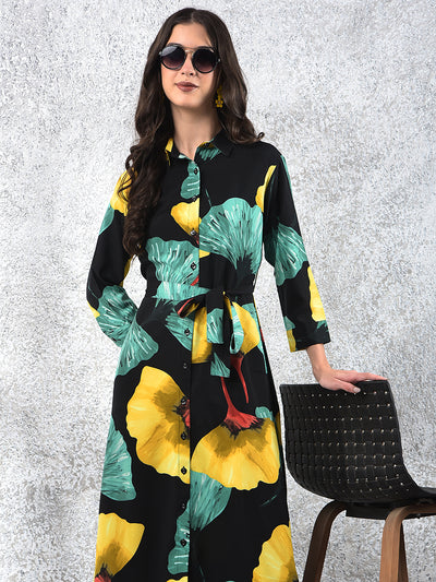 Black Floral Print Midi Shirt-Dress With Belt