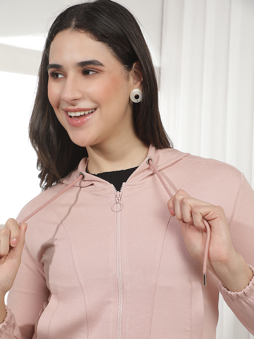 Pink Hooded Cropped Front-Open Sweatshirt