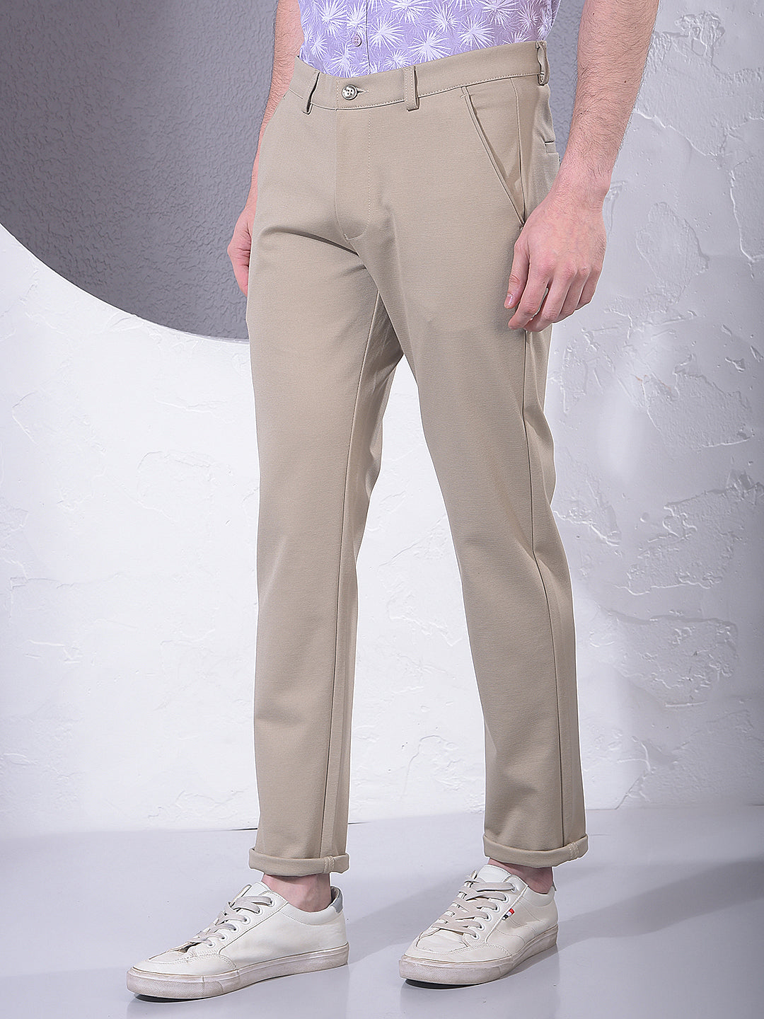 Beige Printed Knitted Trousers