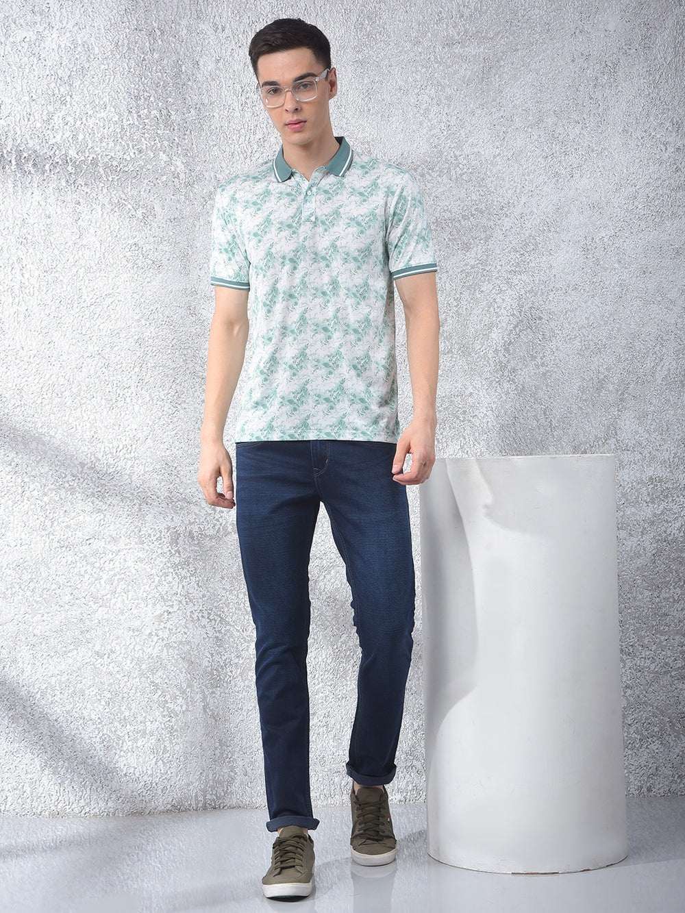 Green Floral Print Polo Neck T-Shirt