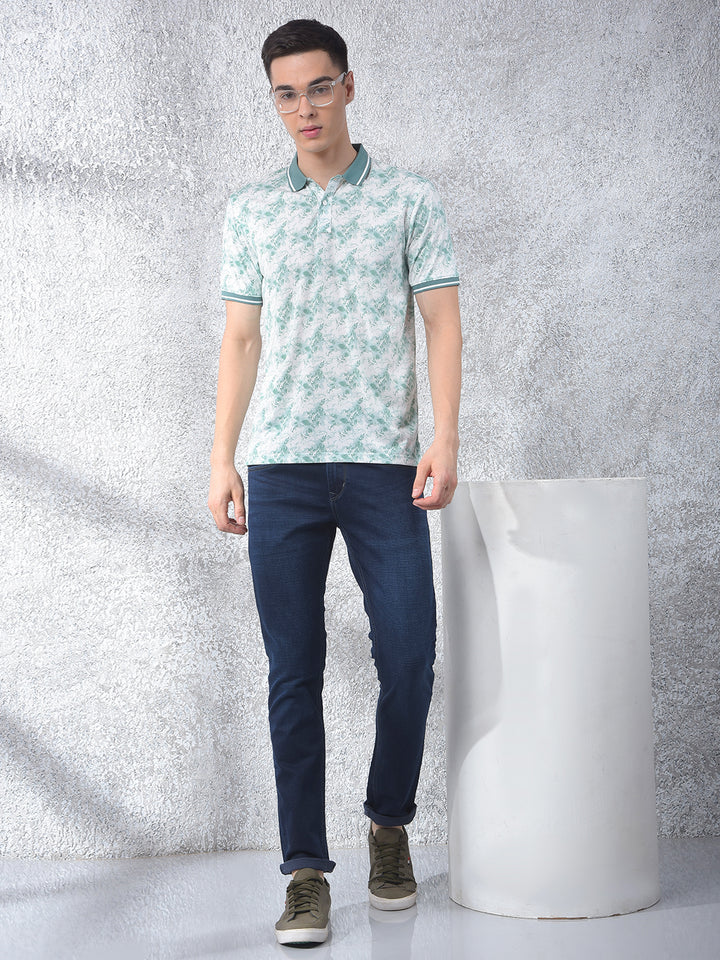 Green Floral Print Polo Neck T-Shirt