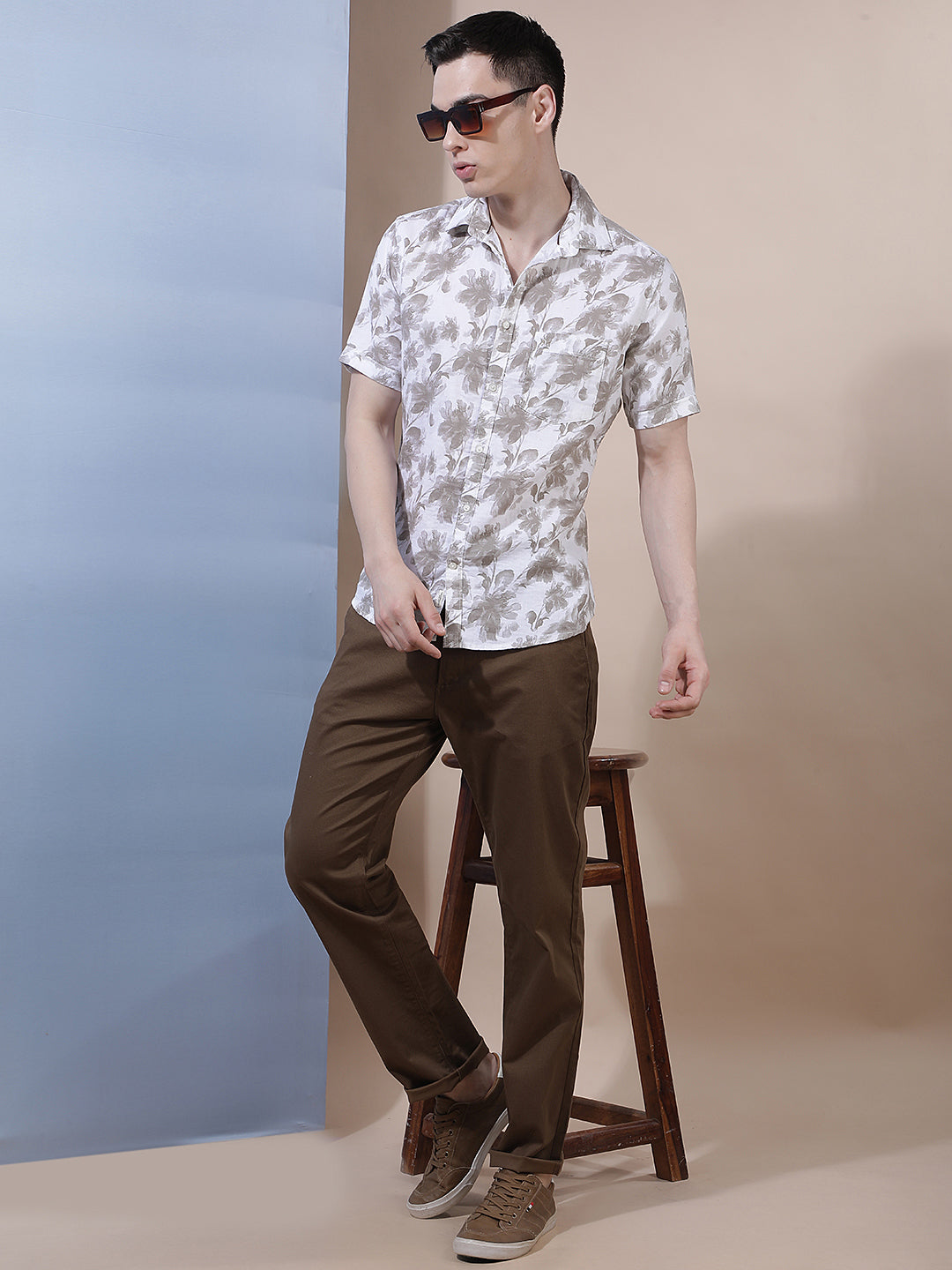 Beige 100% Cotton Floral Printed Shirt