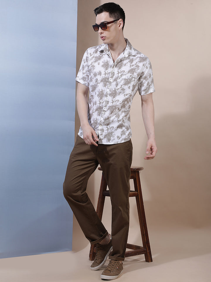 Beige 100% Cotton Floral Printed Shirt