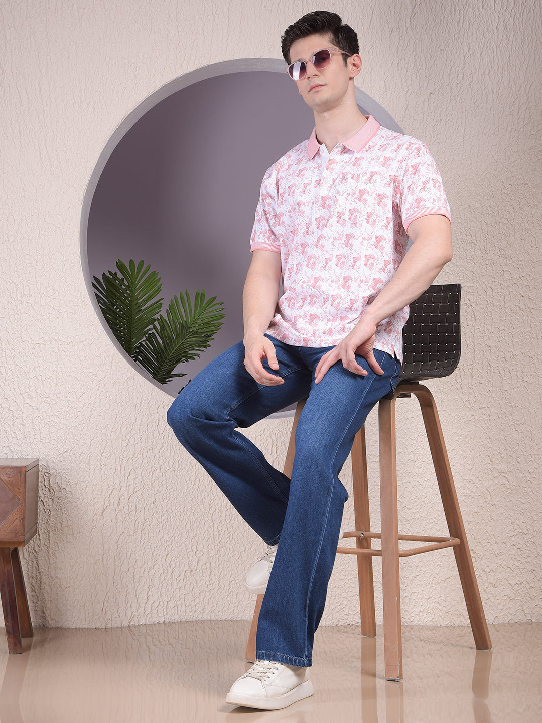 Pink Printed Polo Neck 100% Cotton T-Shirt