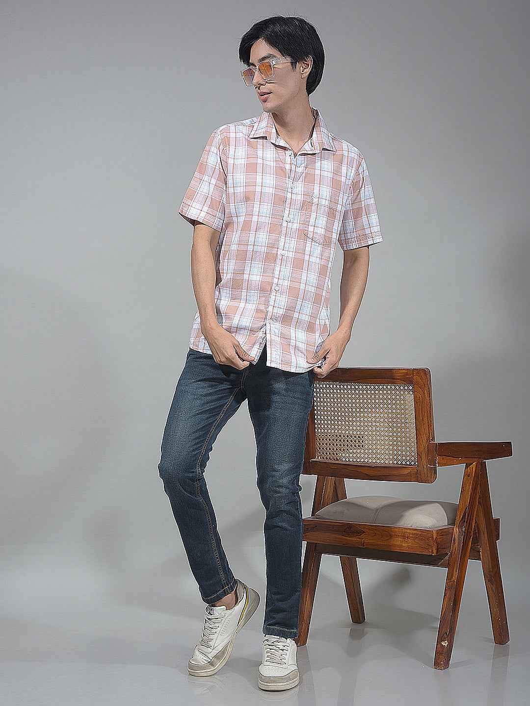 Peach Checked 100% Cotton Shirt