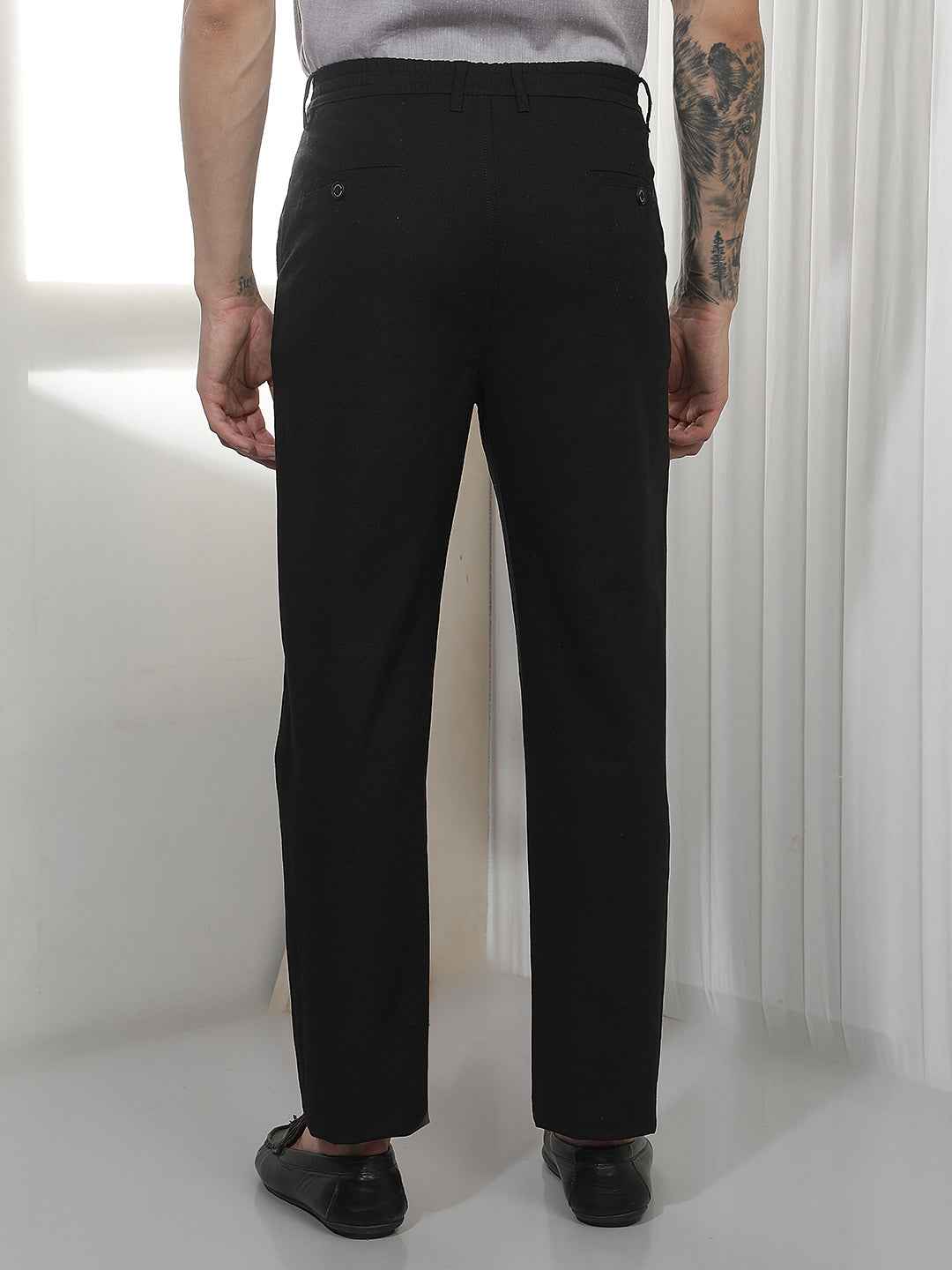 Black Textured Cotton Trousers