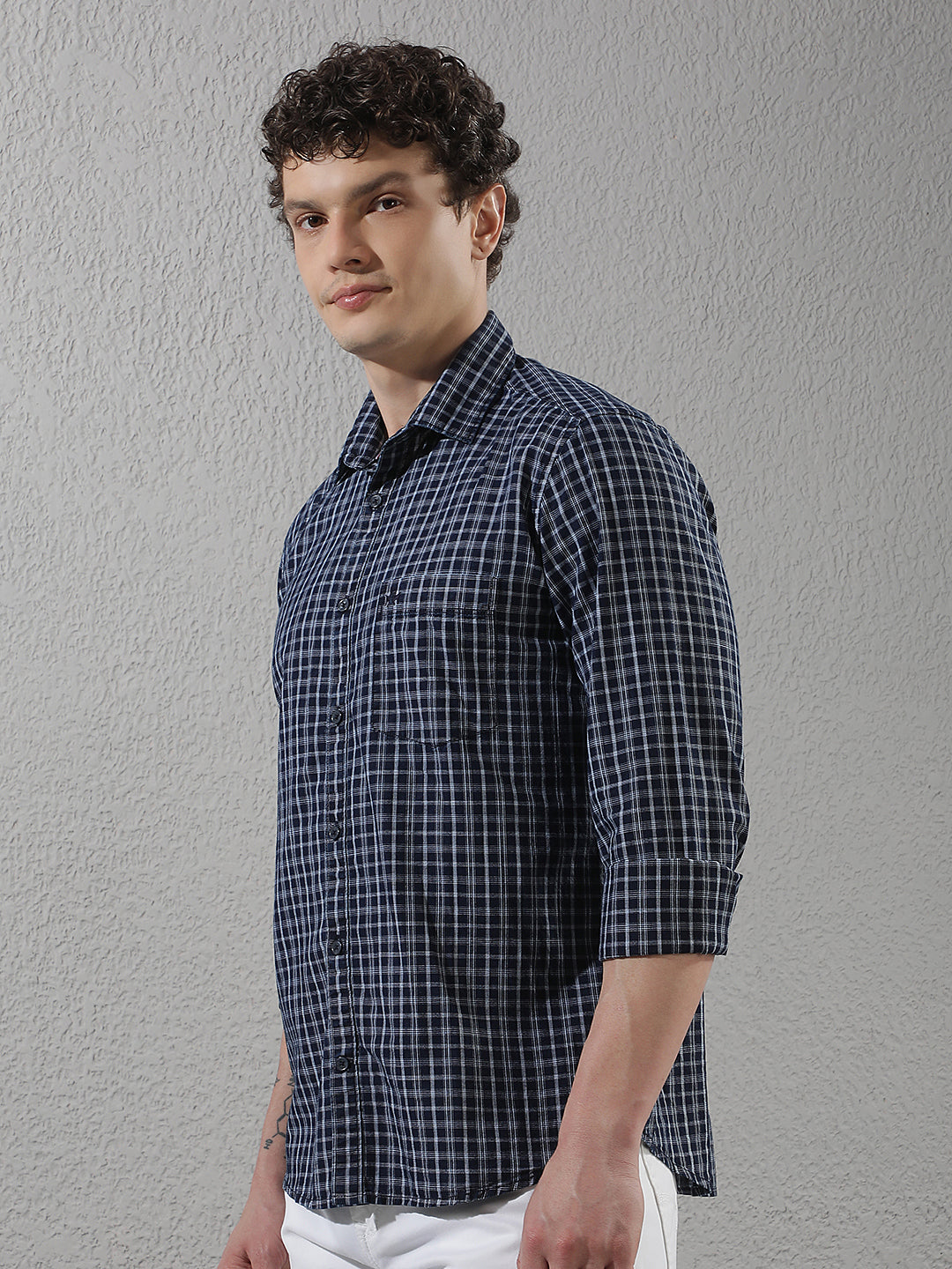 Navy Blue 100% Cotton Checked Shirt