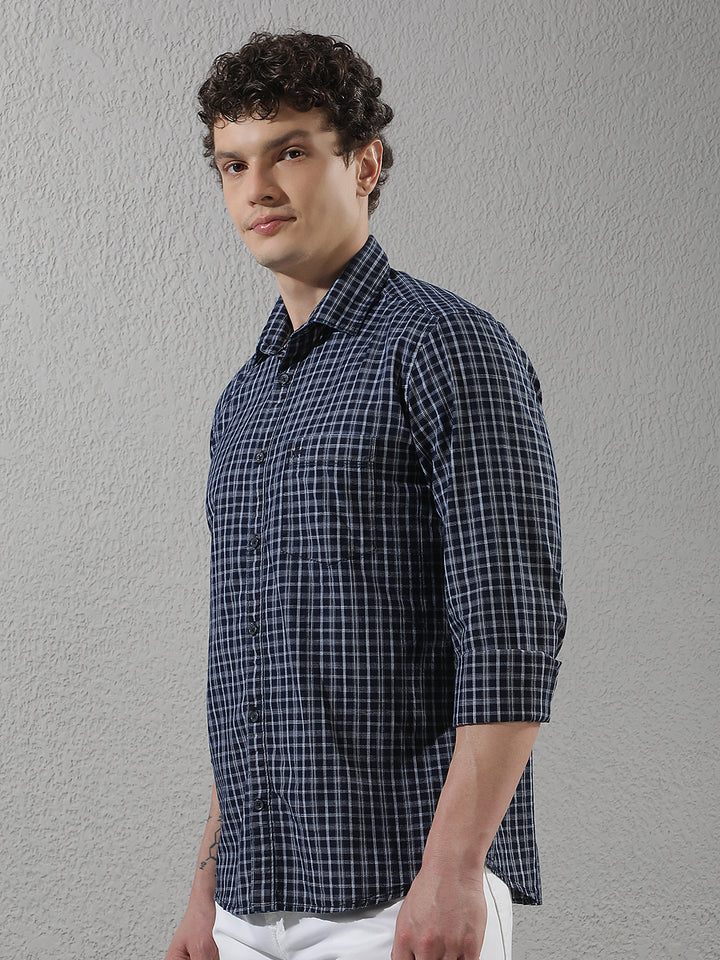 Navy Blue 100% Cotton Checked Shirt