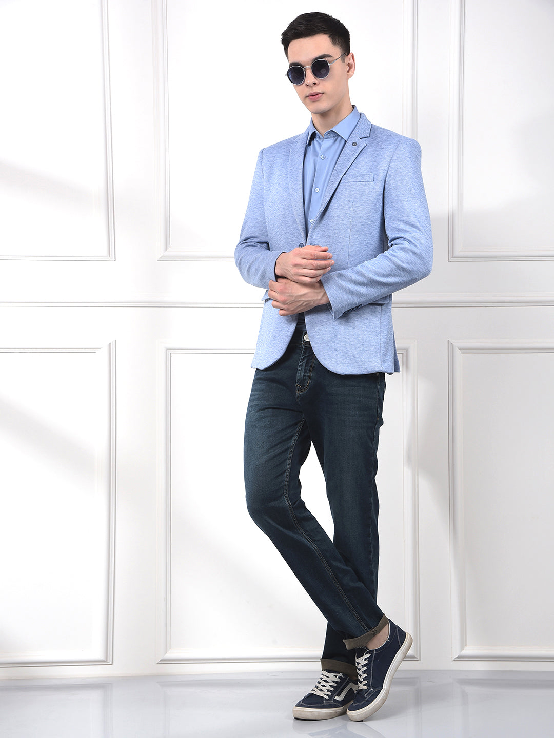 Blue Jacquard Notched Lapel Single-Breasted Blazer