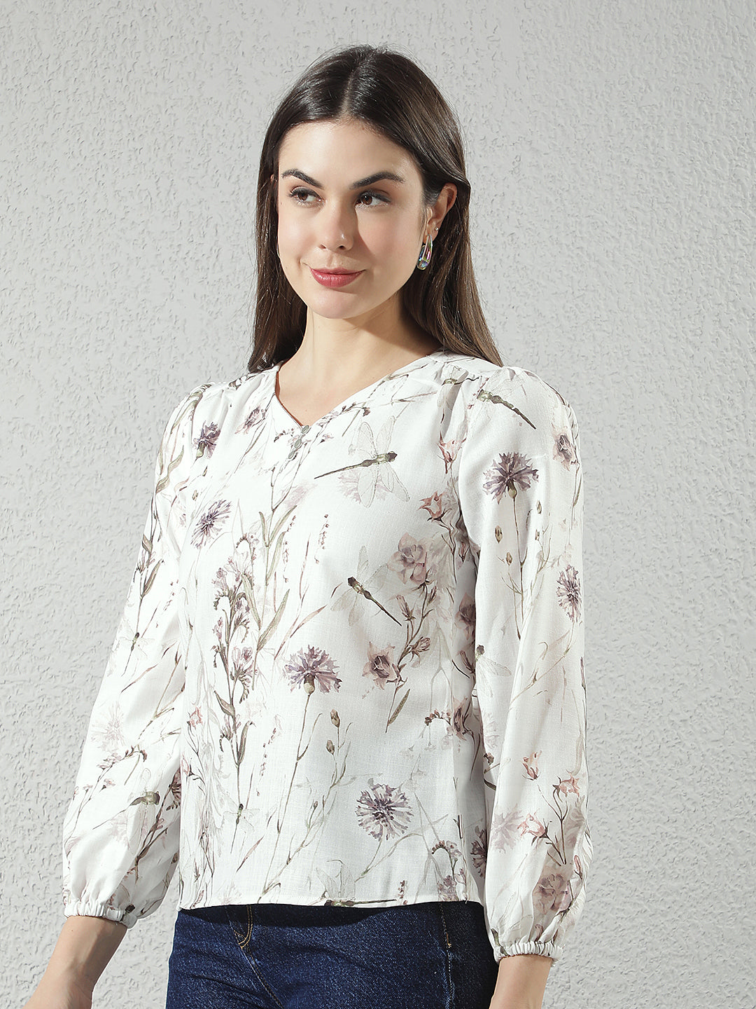 Multi-Color Floral Print V-Neck Top