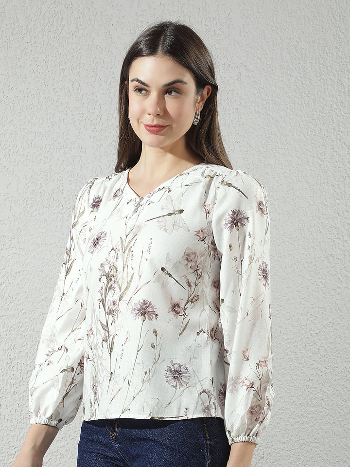 Multi-Color Floral Print V-Neck Top