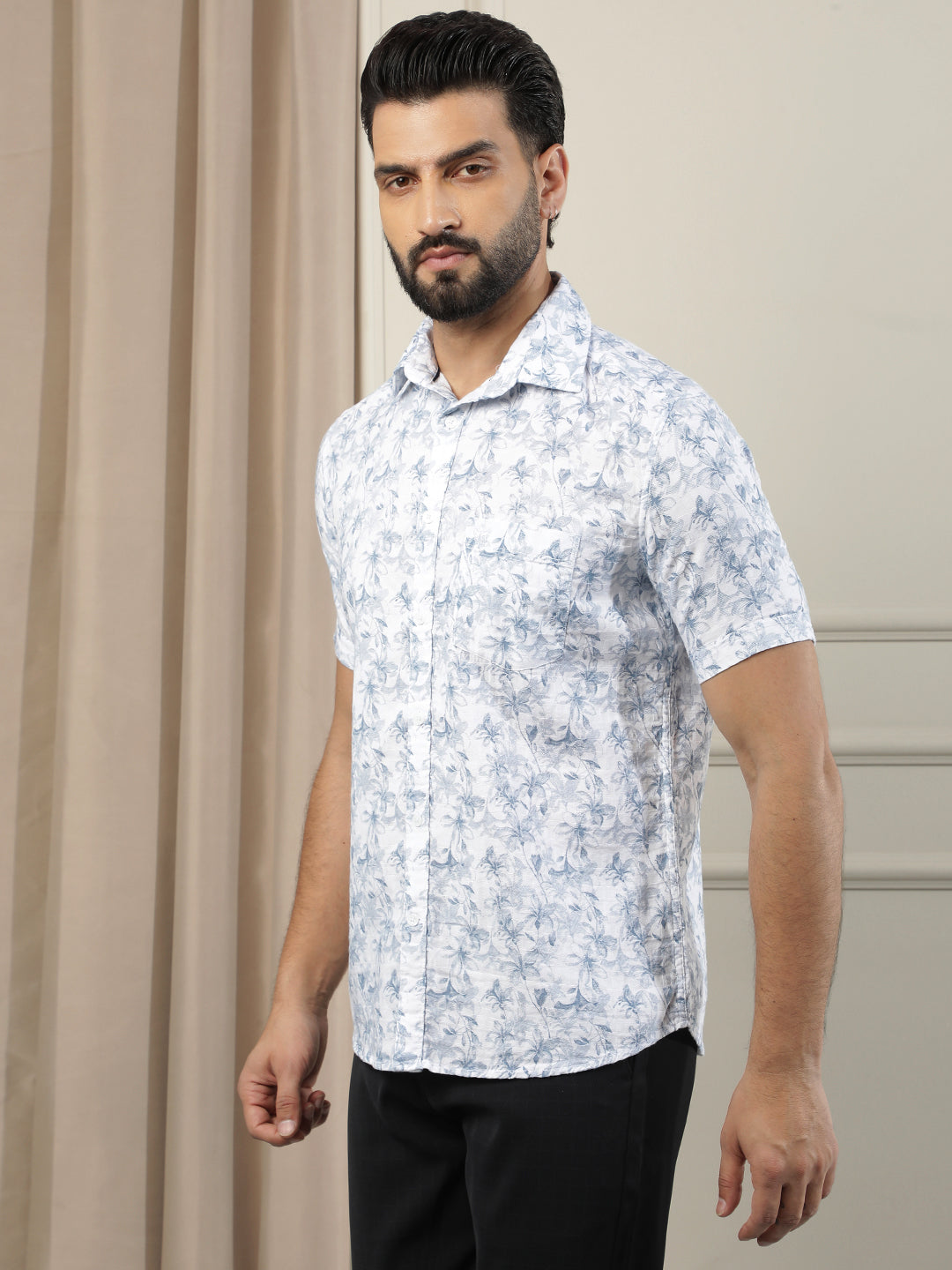 Blue Floral Print 100% Cotton Shirt