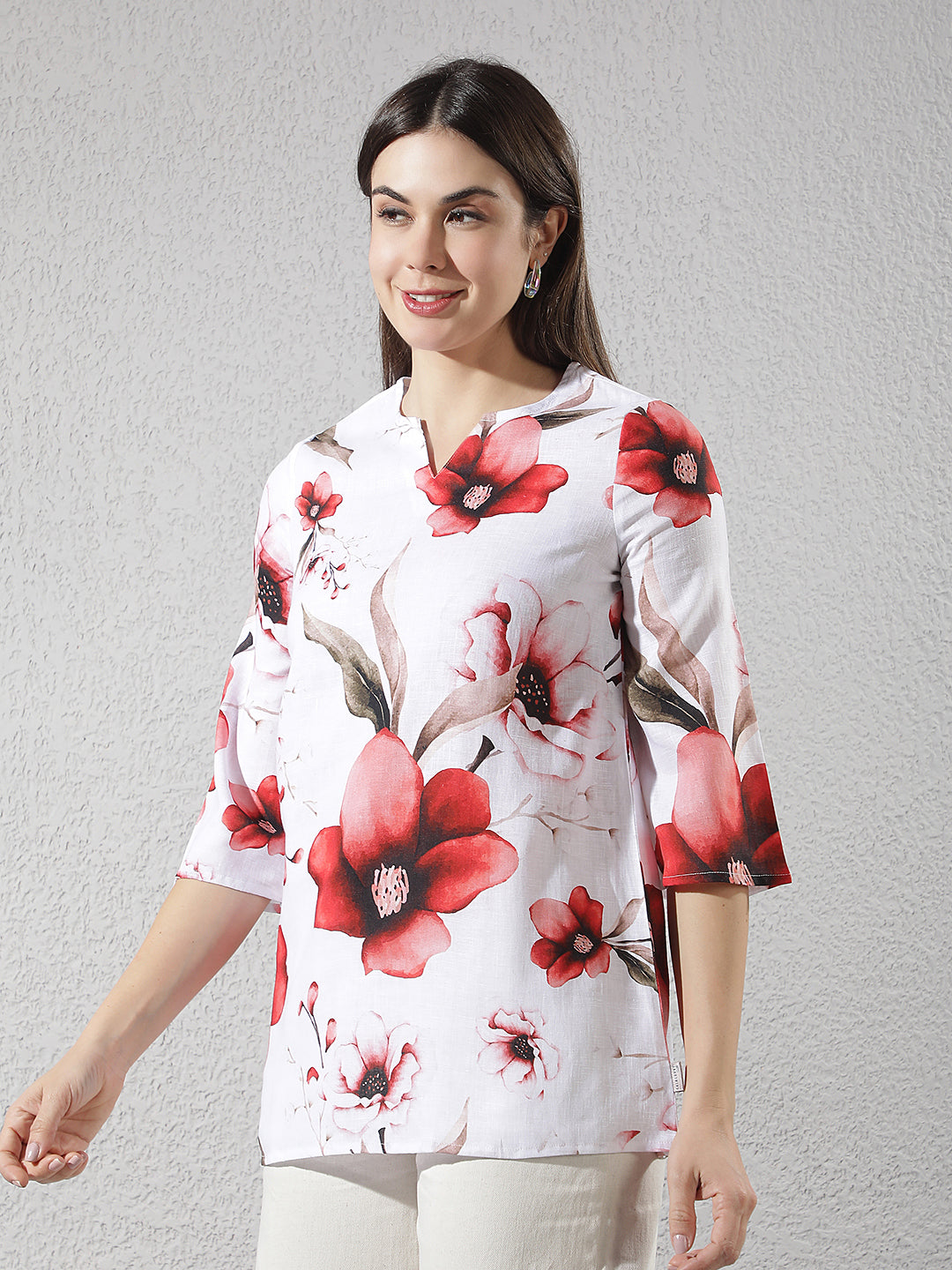 Red Floral Print Oversize Linen Top
