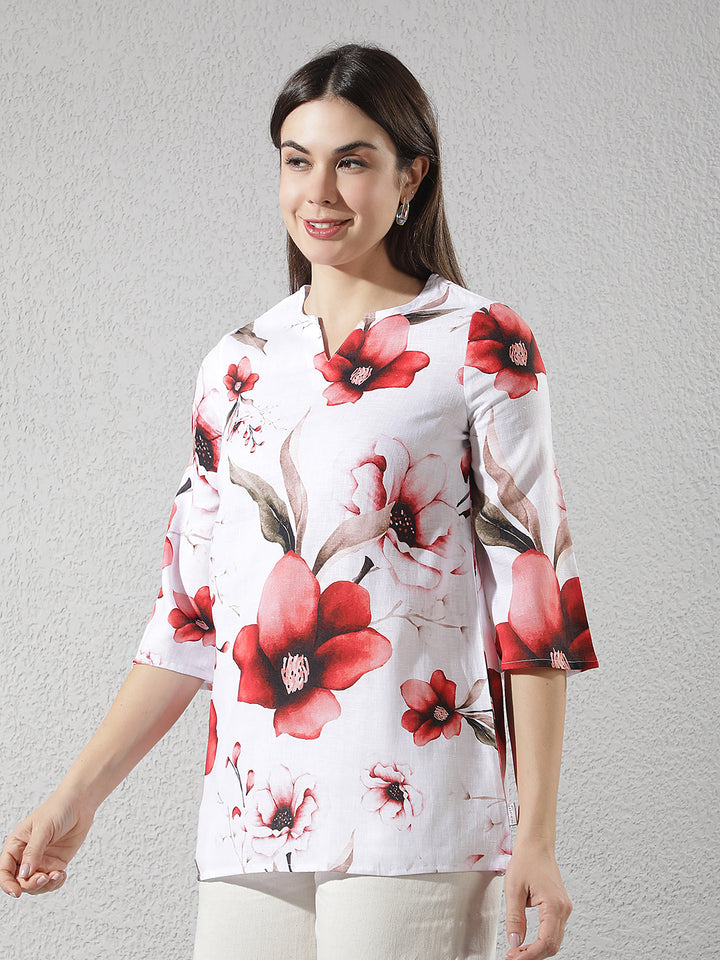 Red Floral Print Oversize Linen Top