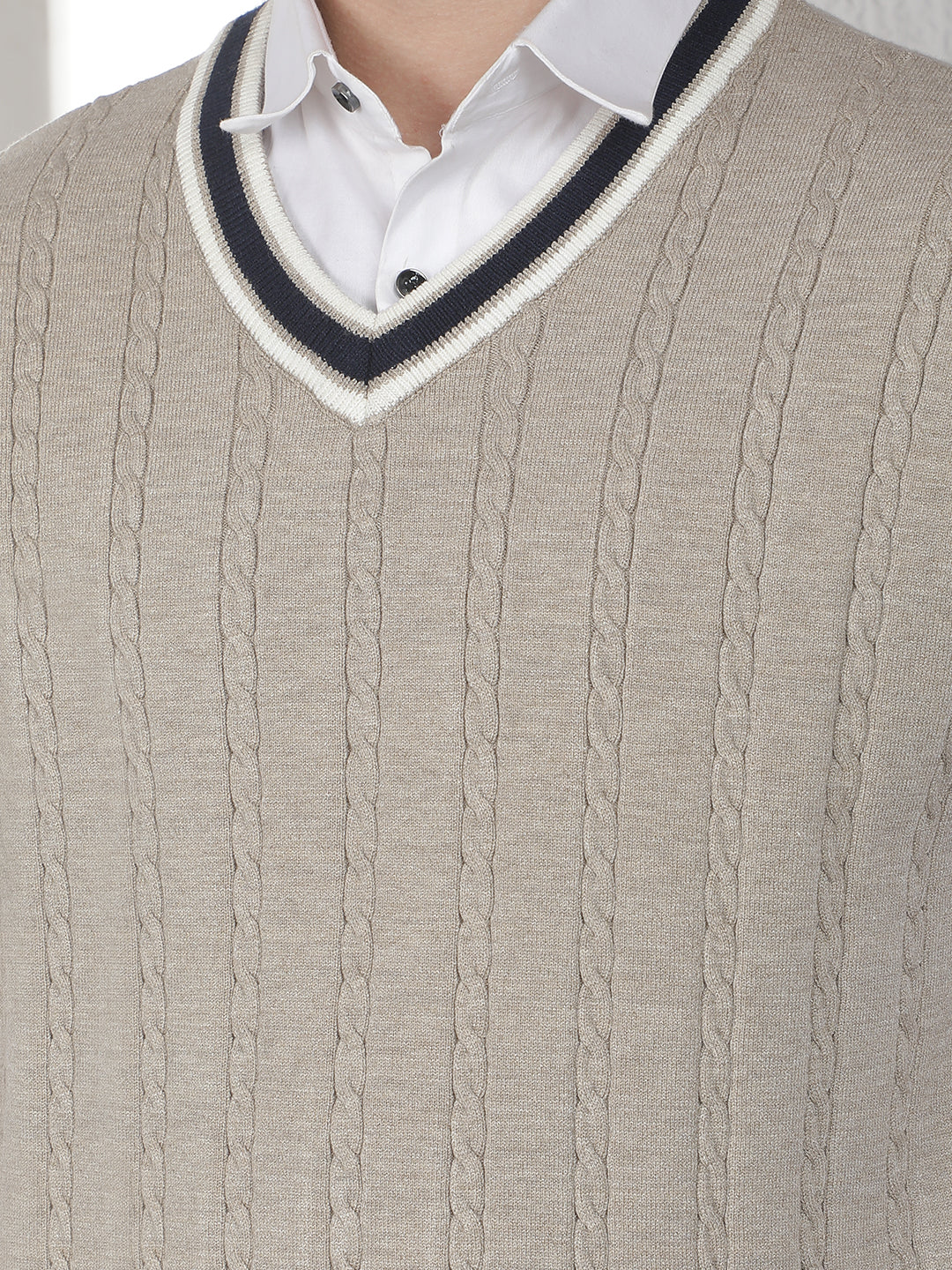 Beige Jacquard V-Neck Sleeveless Sweater