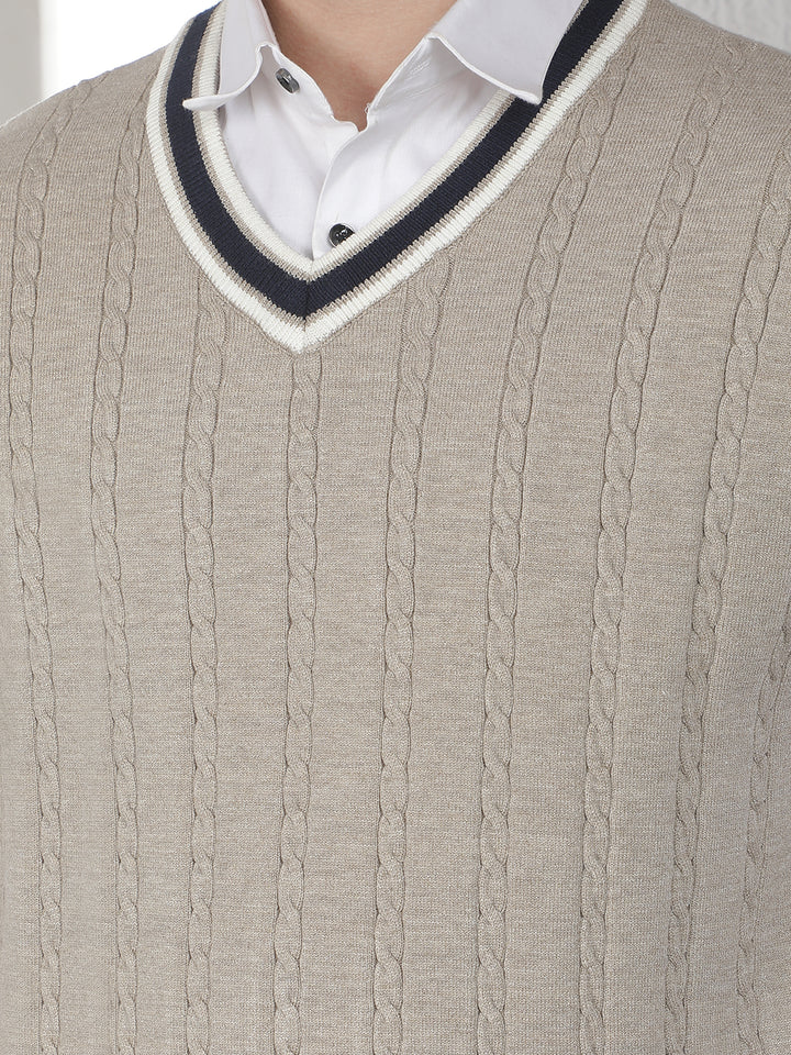 Beige Jacquard V-Neck Sleeveless Sweater