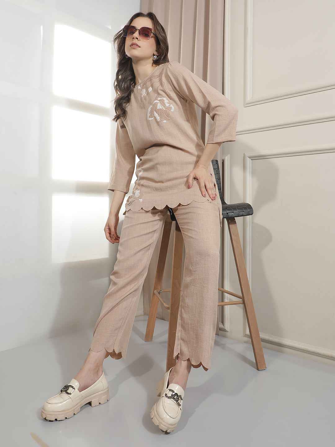 Structured Brown Straight Trousers