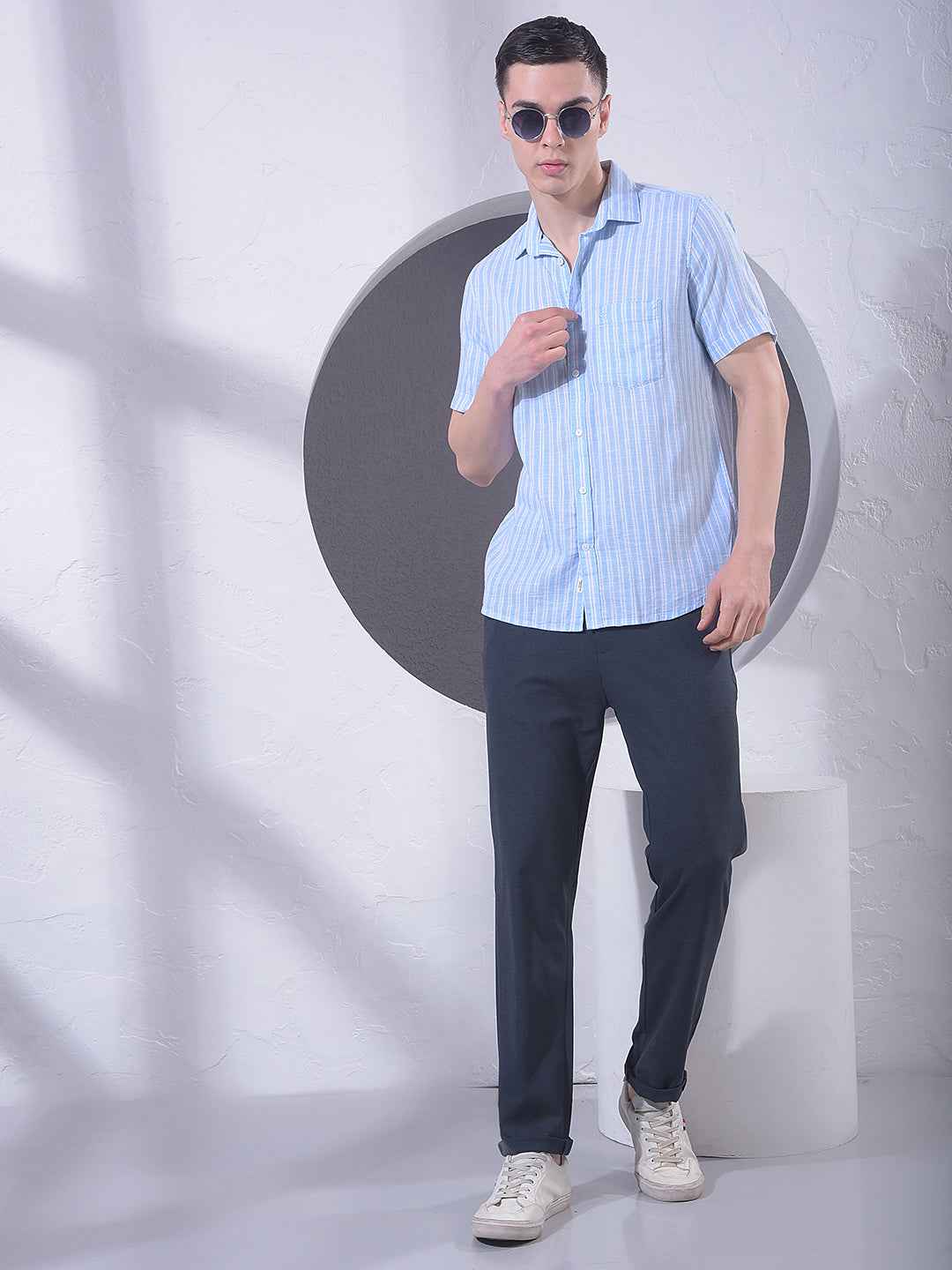 Blue Vertical Striped 100% Cotton Shirt