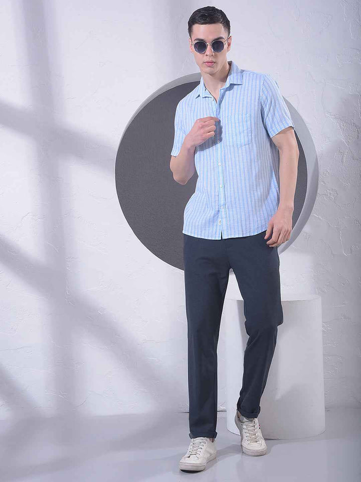 Blue Vertical Striped 100% Cotton Shirt