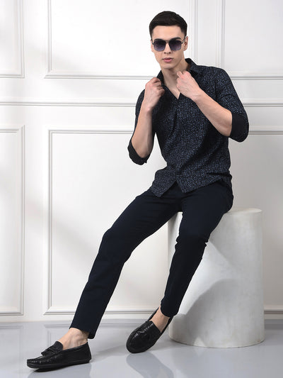 Navy Blue Polka Print 100% Cotton Shirt