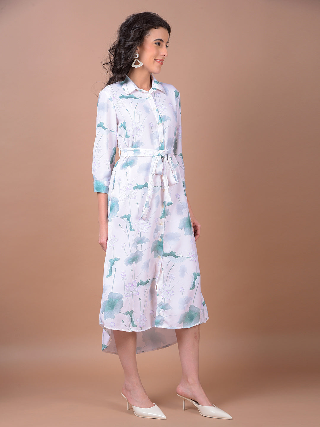 Green Floral Print Belted Shirt Dress