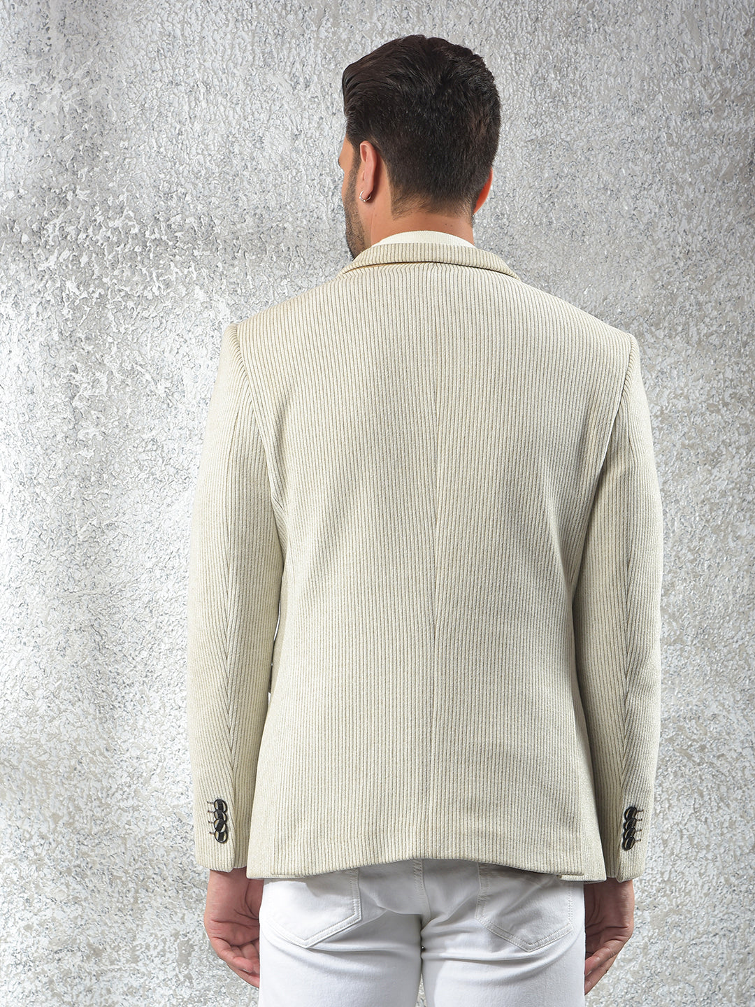 Beige Vertical Stripes Notched Lapel Single-Breasted Blazer