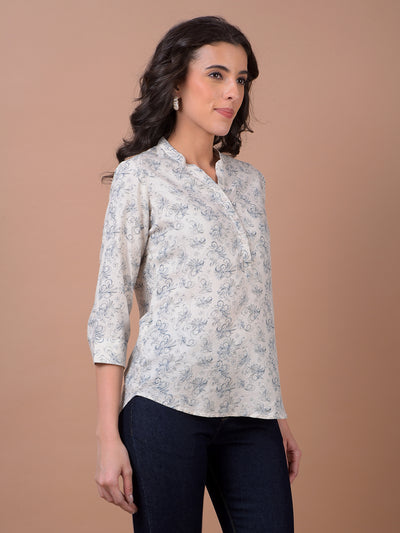 Beige Floral Print V-Neck Linen Top