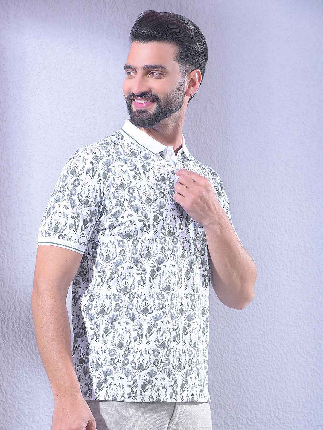 Green Floral Print Polo Neck T-Shirt