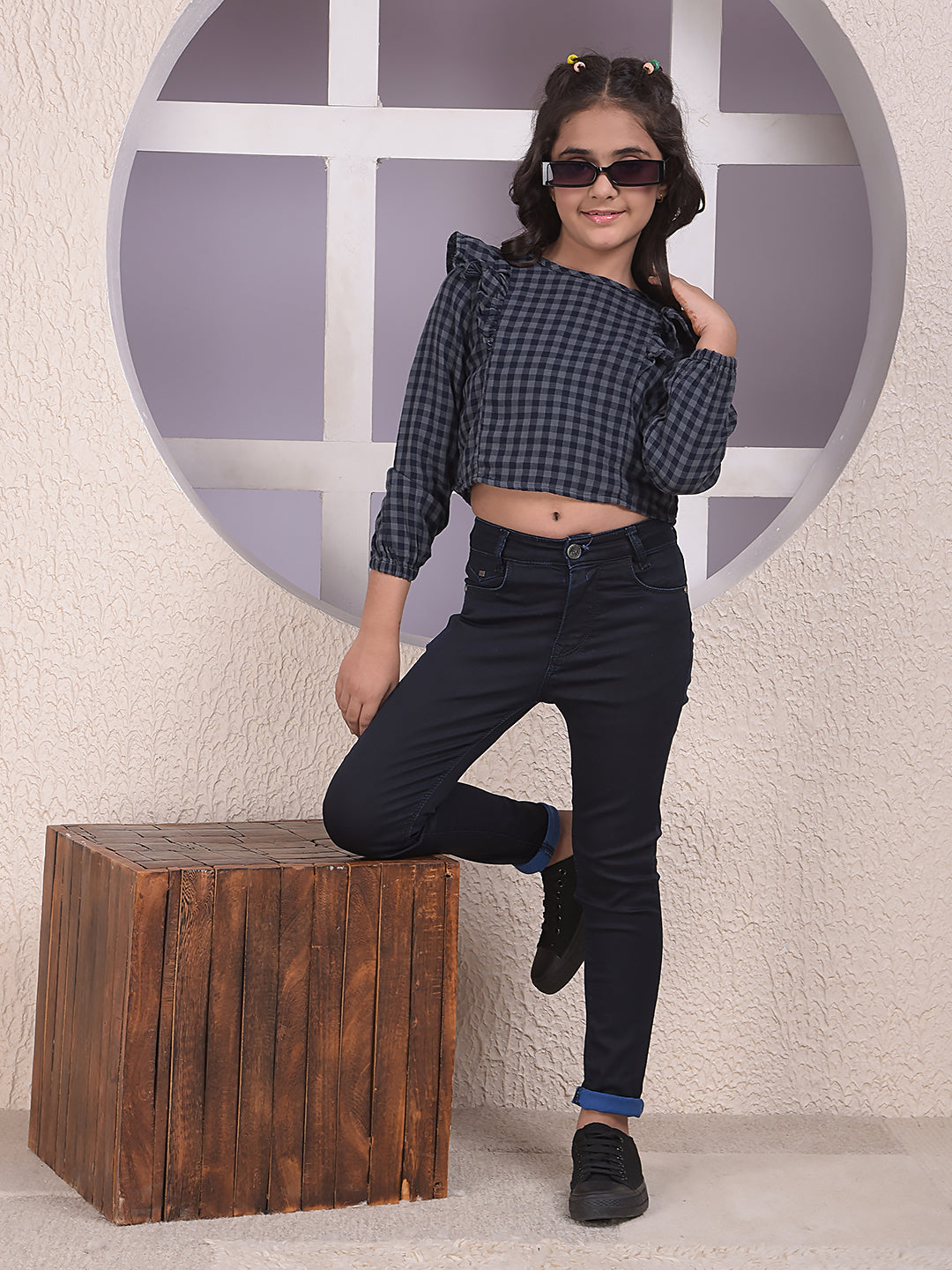 Grey Checked 100% Cotton Cropped Top