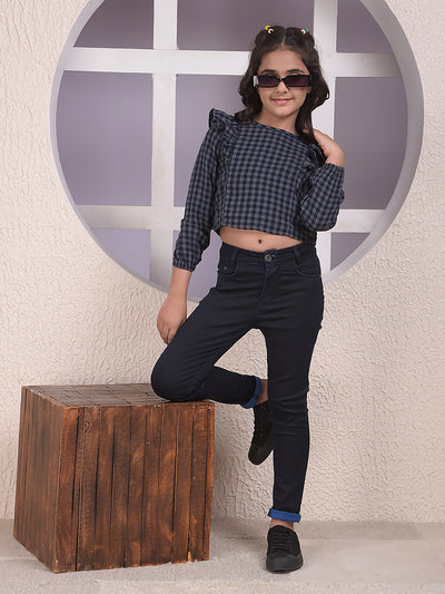 Grey Checked 100% Cotton Cropped Top
