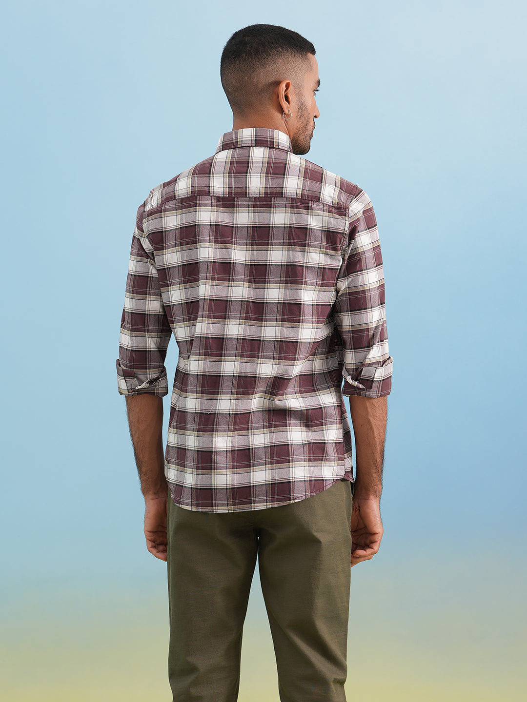 Wine Checked 100% Cotton Button-Down Collar Shirt