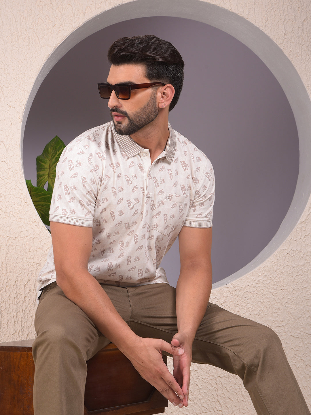 Beige Printed Polo Neck T-Shirt