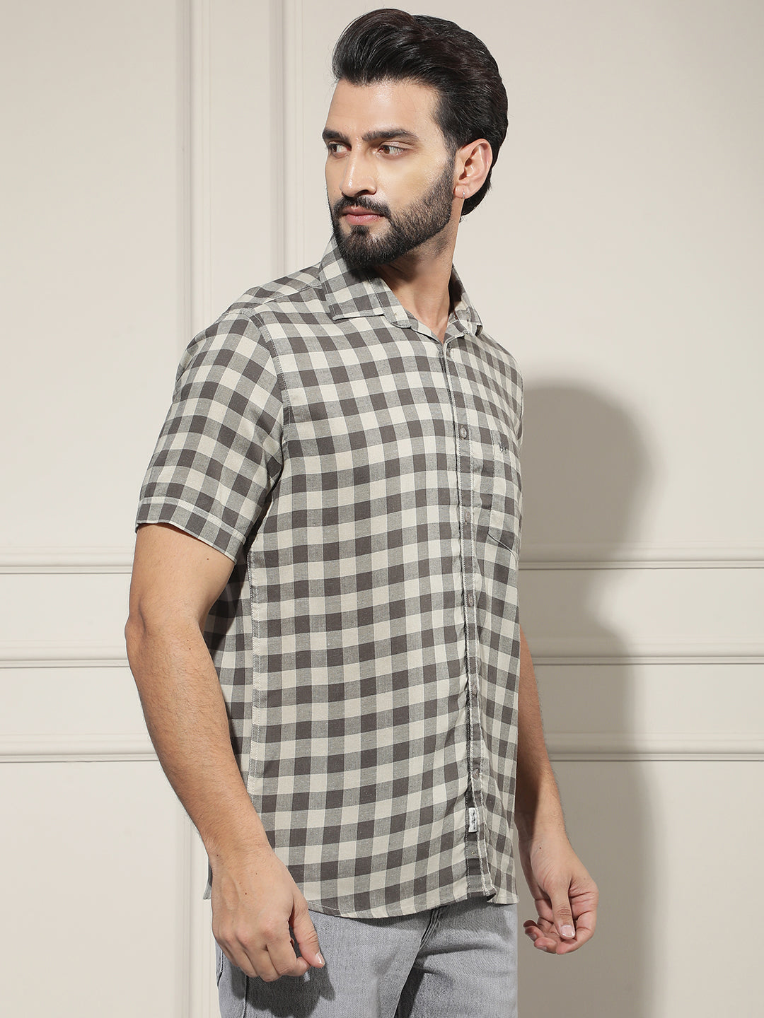 Brown Checked Linen Shirt