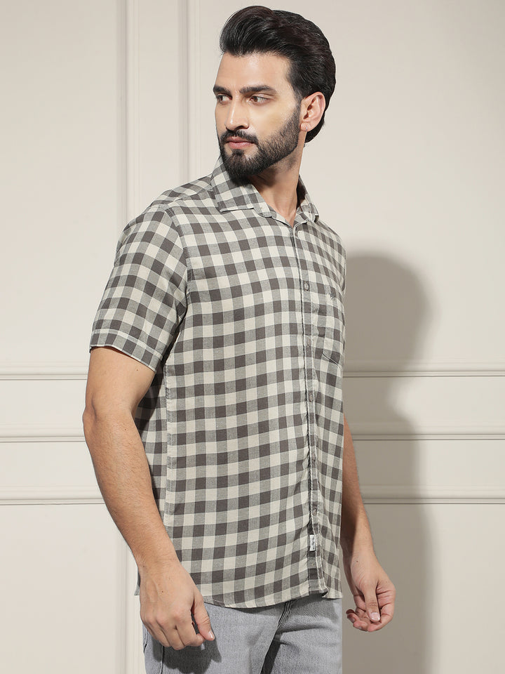 Brown Checked Linen Shirt