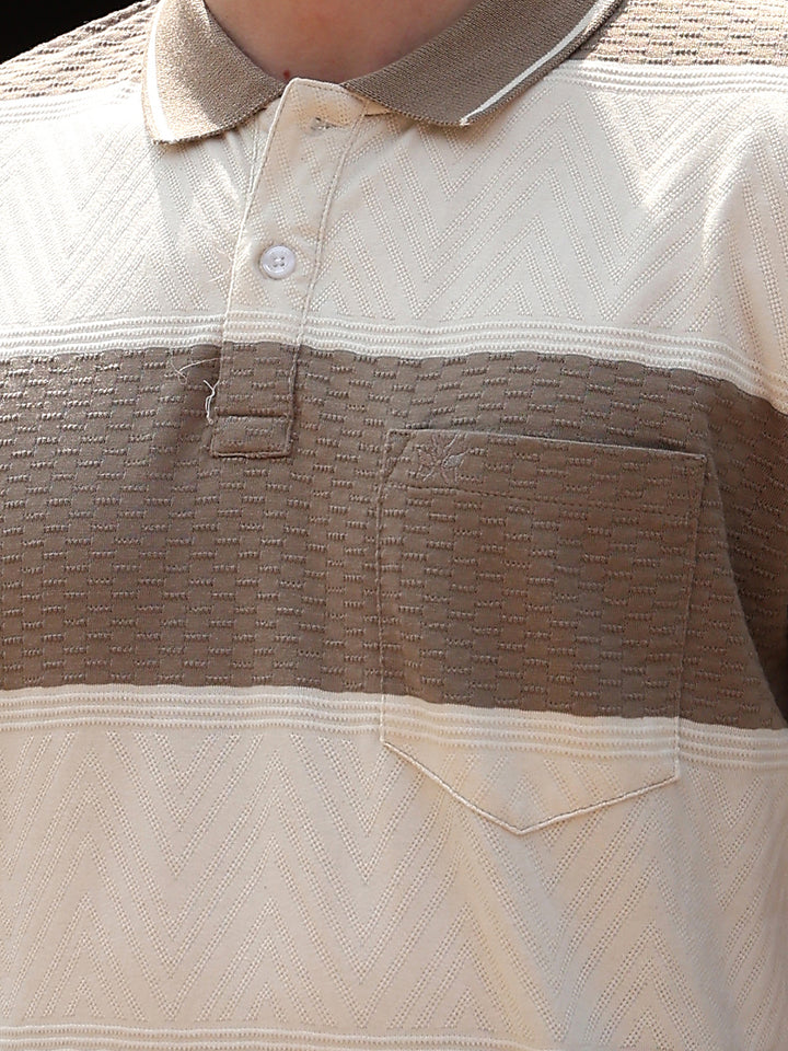 Beige Horizontal Striped Polo Neck T-Shirt