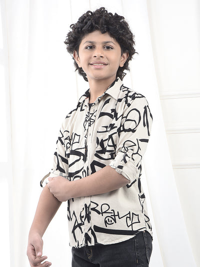 Beige Typographic Print 100% Cotton Knitted Shirt & T-Shirt Set